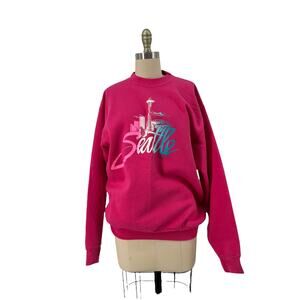 Vtg 1982 Pink Seattle Space Needle Puffy Crewneck Pullover Sweatshirt SZ L USA